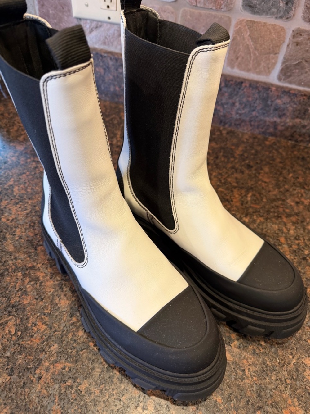Ganni Black and White Chunky Chelsea Booties